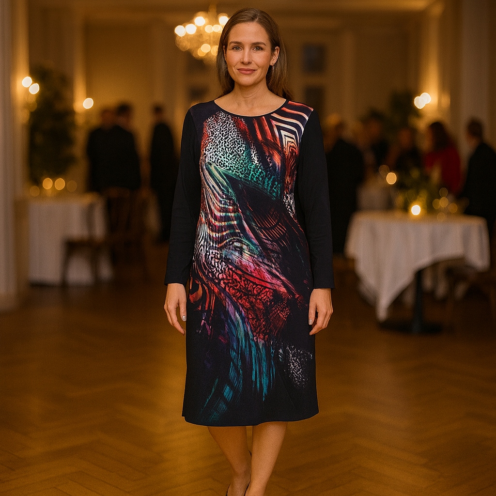 Elegant klnning med konstnrligt mnster  perfekt fr fest och vardag