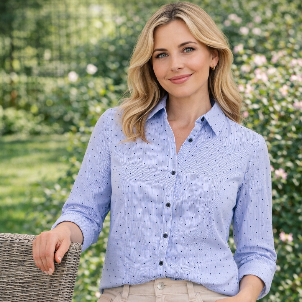 Skjorta i bl� nyanser p� vit botten